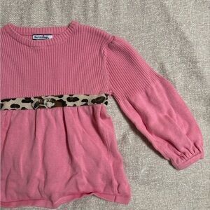 Vintage Hartstrings Pink Knit Girls' Long-Sleeve Top with Leopard Trim